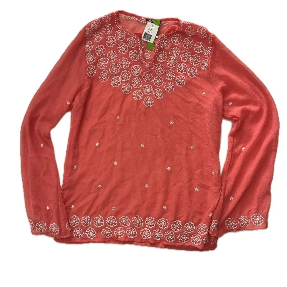 Cejon Coral, Embroidered Beaded Sheer Blouse Boho Resort Top, Size L NWT - Picture 3 of 16